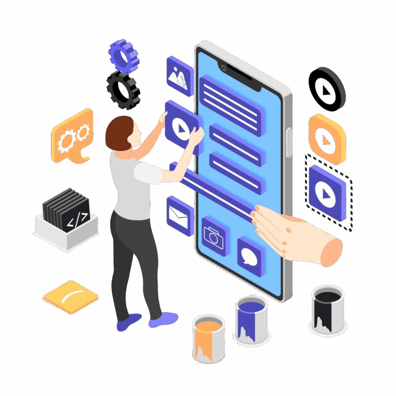 user interface development isometric concept with young woman creating custom design mobile application vector illustration